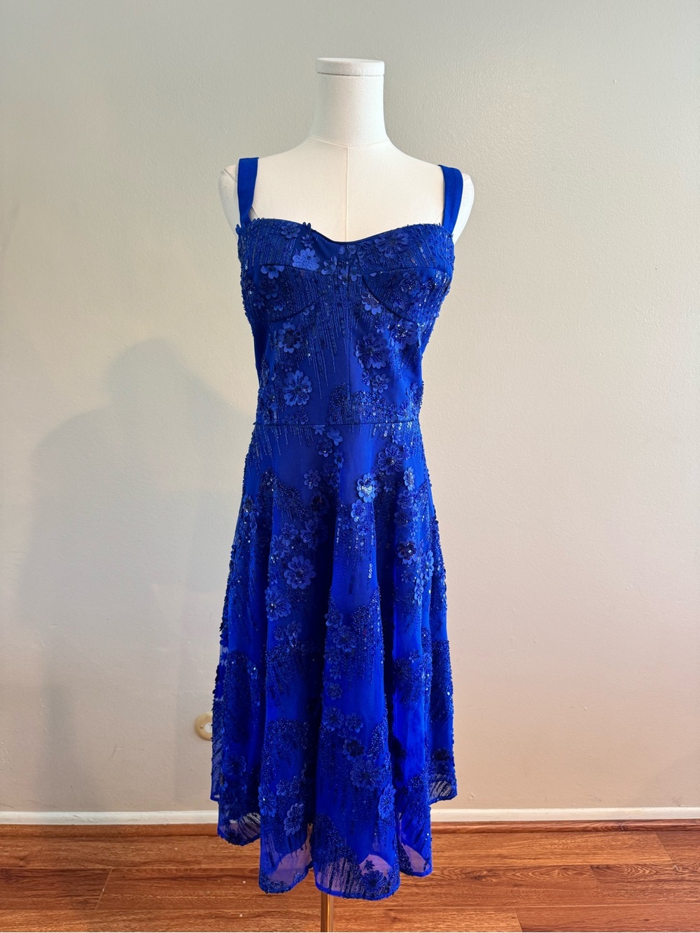 NWT Dress the Population Cobalt Blue Sequin Floral Fit and Flare Midi Dress